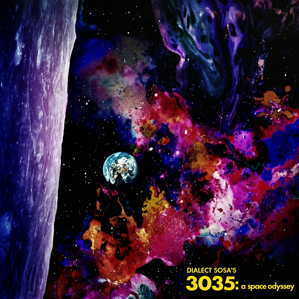 3035 official artwork: a painted cosmic landscape of planets and purple, blue, and pink clouds